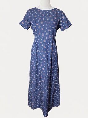 Vintage 90s Liz Claiborne Chambray Floral Midi Dress Cottagecore Prairie Blue